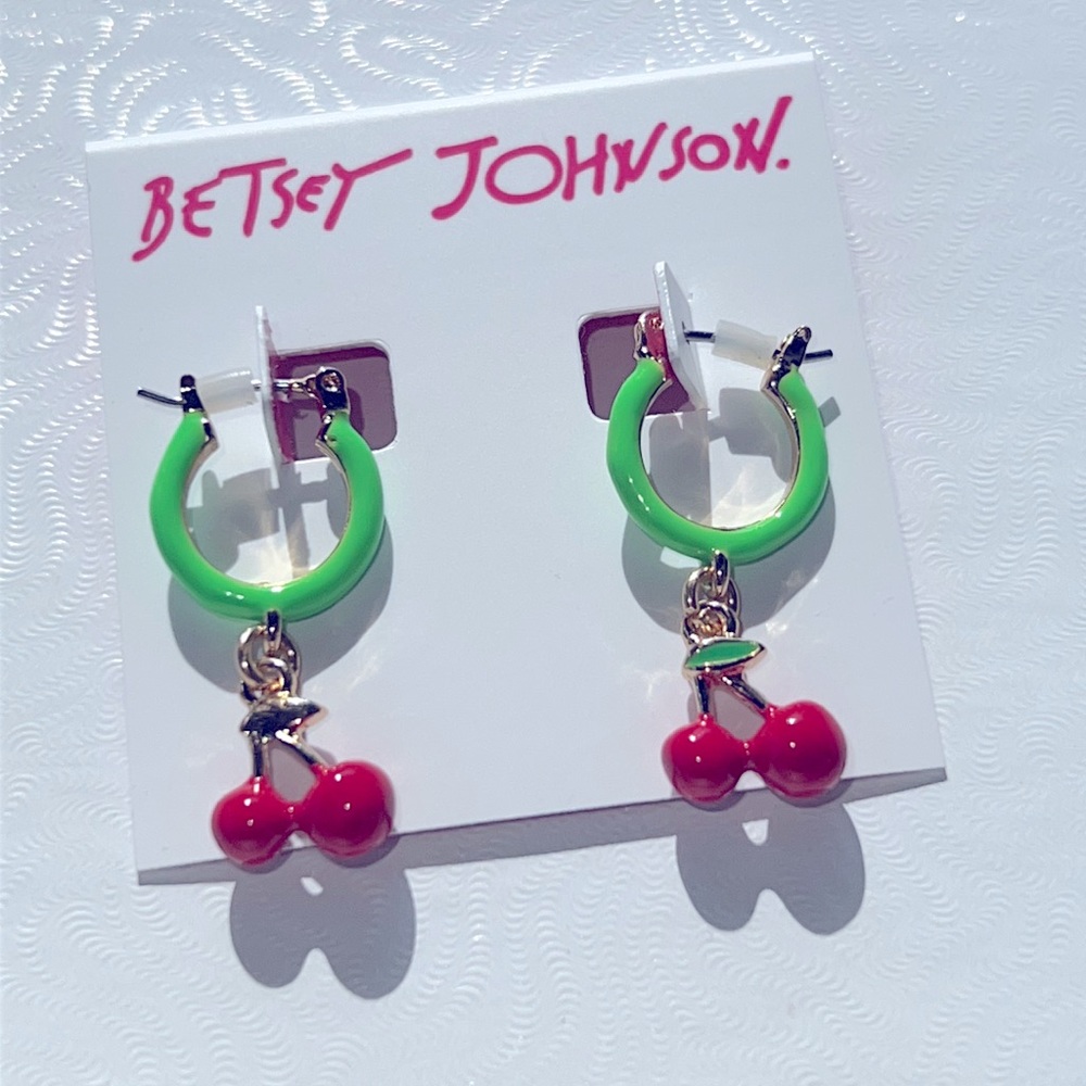 New Betsey Johnson Cherry Huggie Earrings - Picture 7 of 8